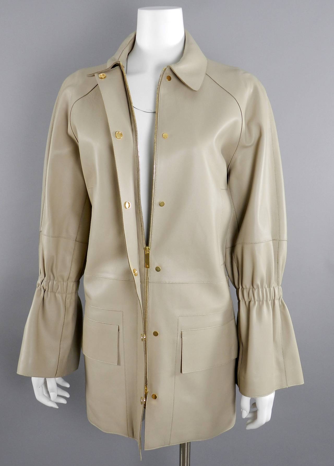Women's The Row Beige Leather Jacket with Gold Snaps