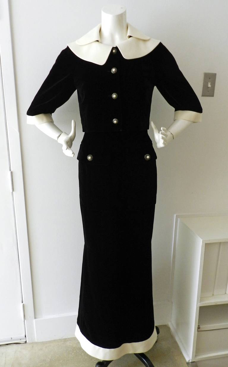 Chanel Strapless Black Velvet Gown and Jacket - White Trim at 1stDibs