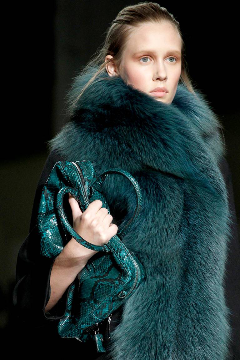 Prada Black Runway Coat with Teal Fur Front at 1stDibs
