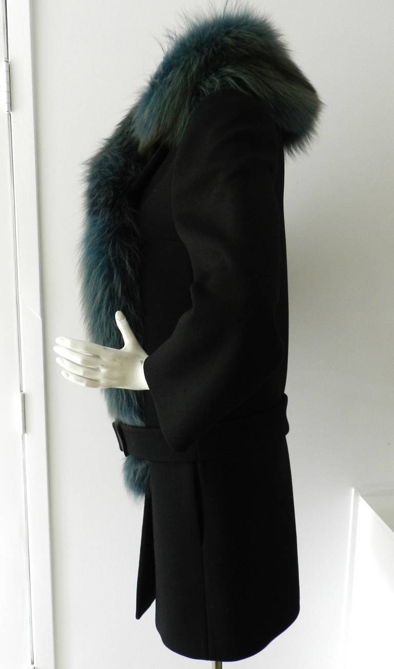 Prada Black Runway Coat with Teal Fur Front at 1stDibs