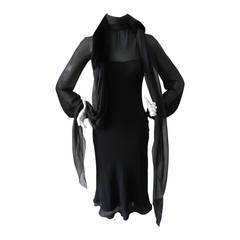 Hermes Fall 2006 Black Silk Dress with Mink Fur Shawl