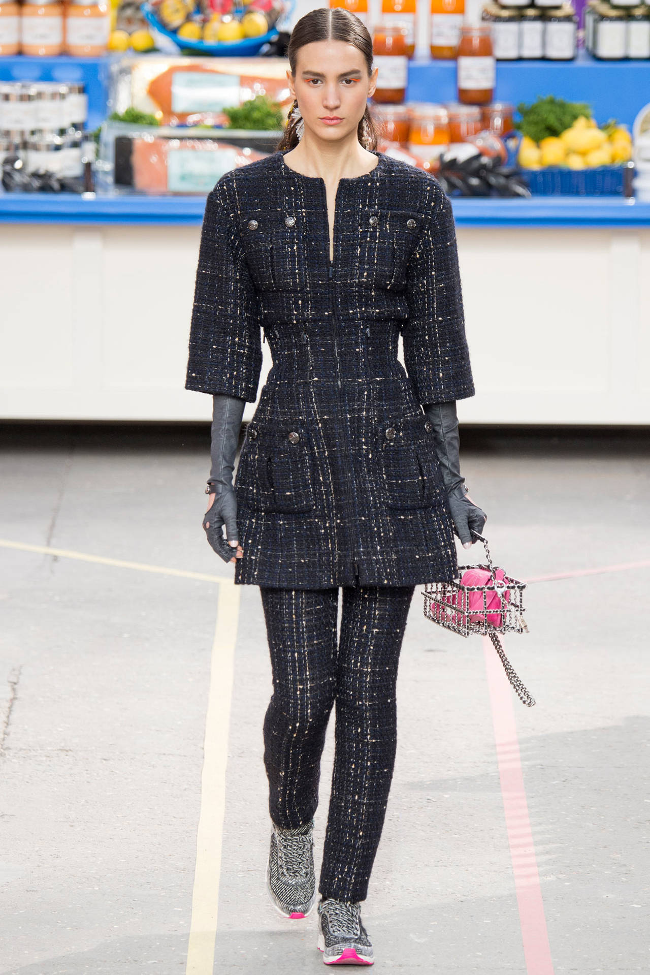 Chanel 14A Black Tweed Pants Suit with Corseted Jacket at 1stDibs