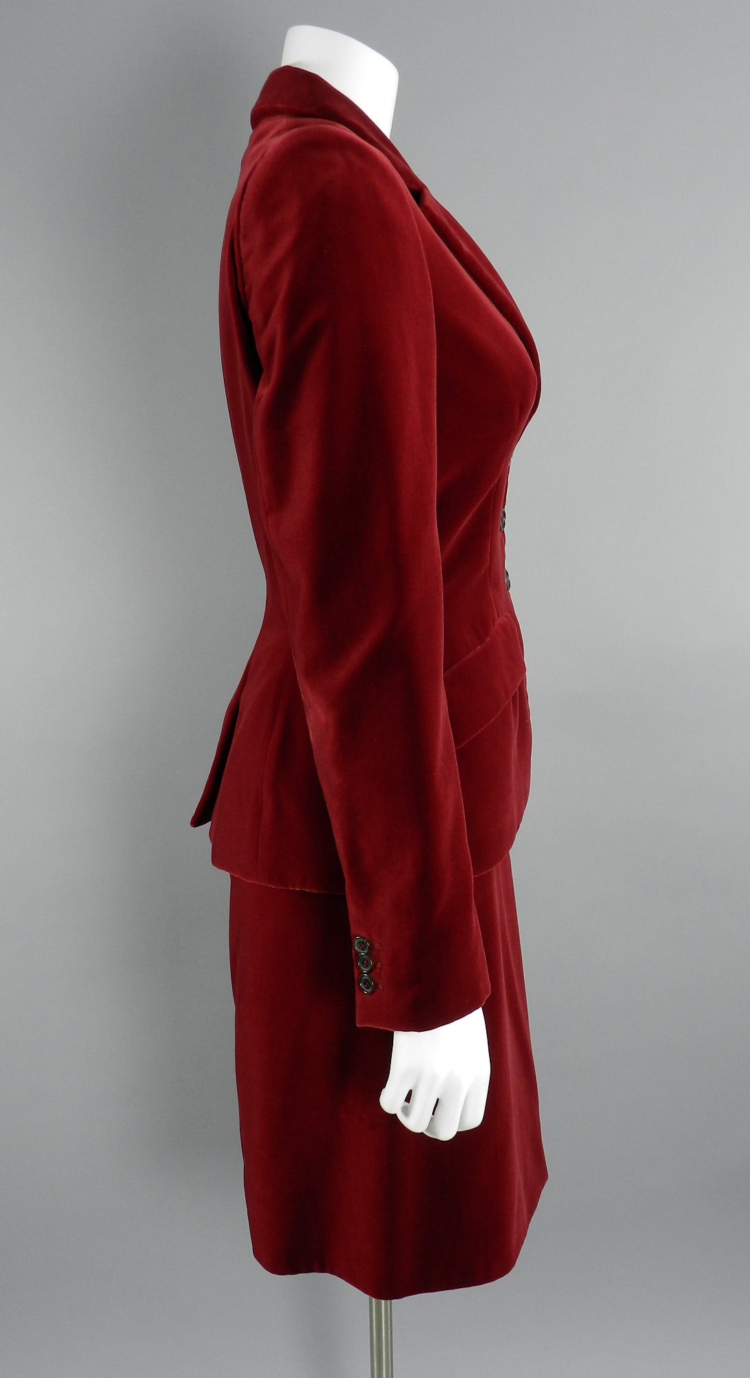 Alexander McQueen red velvet skirt suit. Circa 2006.  Tagged size IT 42 / USA 6.  Jacket bust measures 36