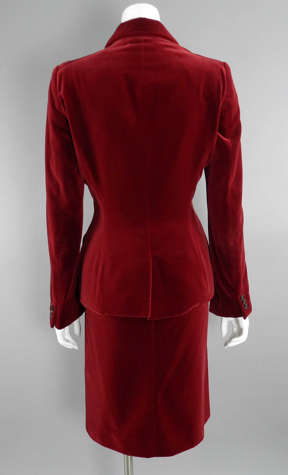 Alexander McQueen Red Velvet Skirt Suit In Excellent Condition In Toronto, ON