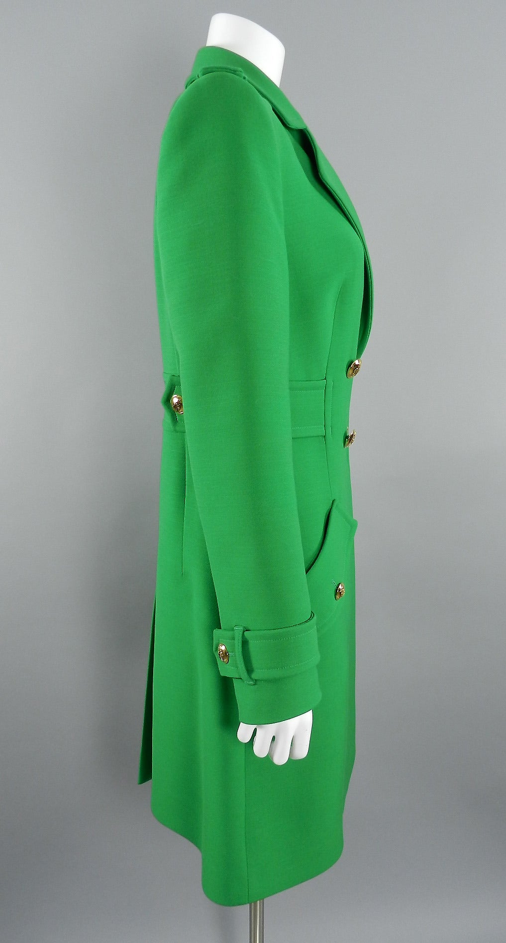 Emilio Pucci green wool coat with gold buttons. 2015 Collection.  Excellent pre-owned condition - worn once.  Original retail $3650+ Tagged size IT 42 (USA 6).  To fit 34