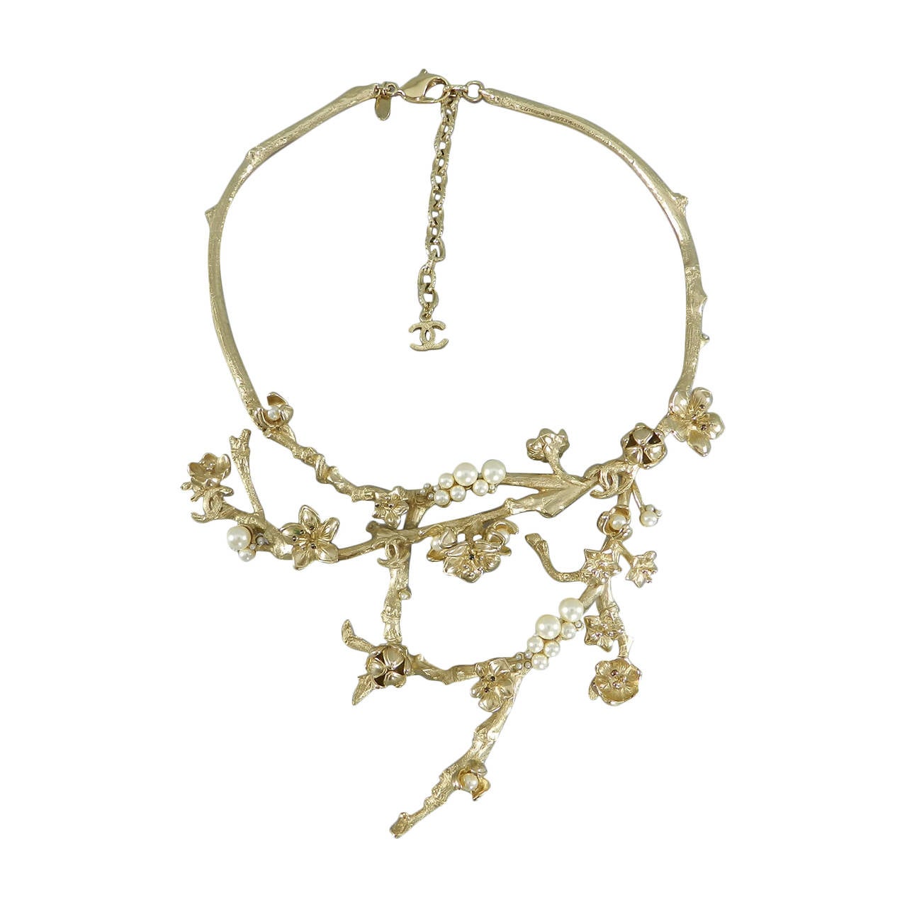 Chanel 10P Runway Gold Branch Twig Necklace with Pearls