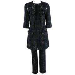 Chanel 14A Black Tweed Pants Suit with Corseted Jacket