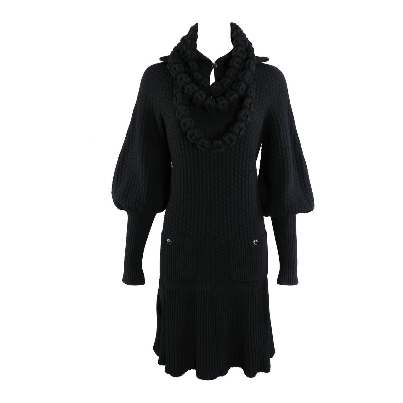 Chanel 13A Runway Black Knit Sweater Dress with Necklace at 1stDibs