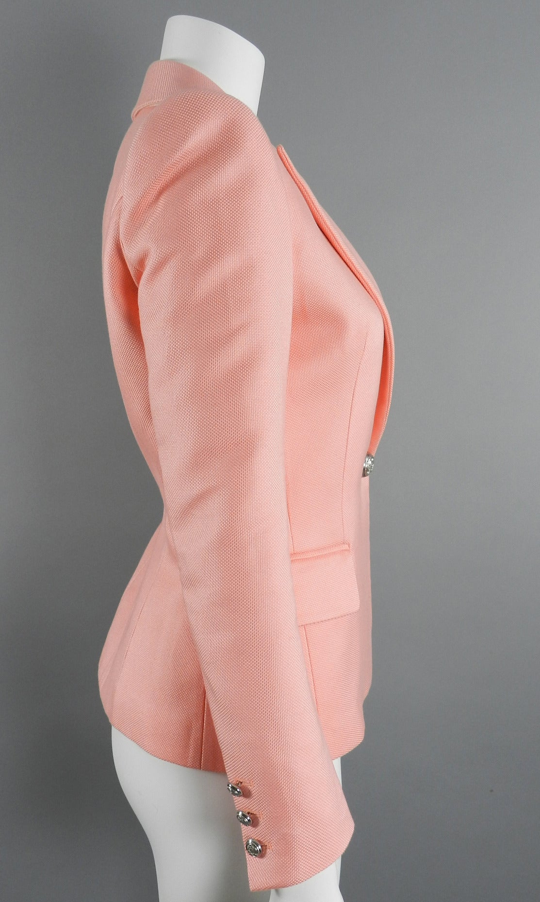 Balmain Pink Cotton Structured Fitted Jacket In Excellent Condition In Toronto, ON