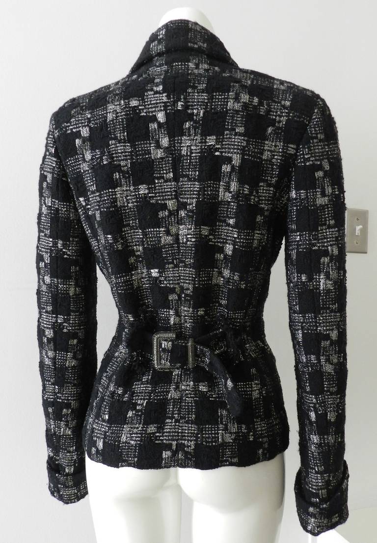 Chanel black / silver metallic shimmer tweed jacket with acrylic buckles. Excellent condition. Tagged size FR 38 (USA 6) to fit 34