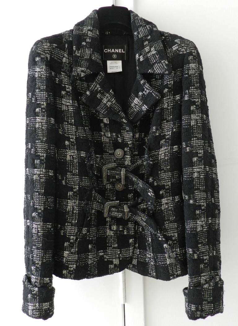 Chanel Black / Silver Metallic Tweed Jacket with Buckles In Excellent Condition In Toronto, ON