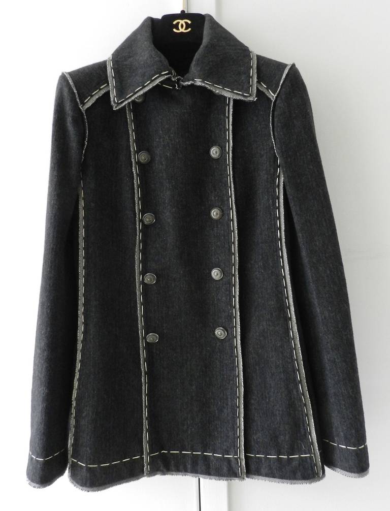 Chanel Grey Felt Cotton Coat with Top Stitching