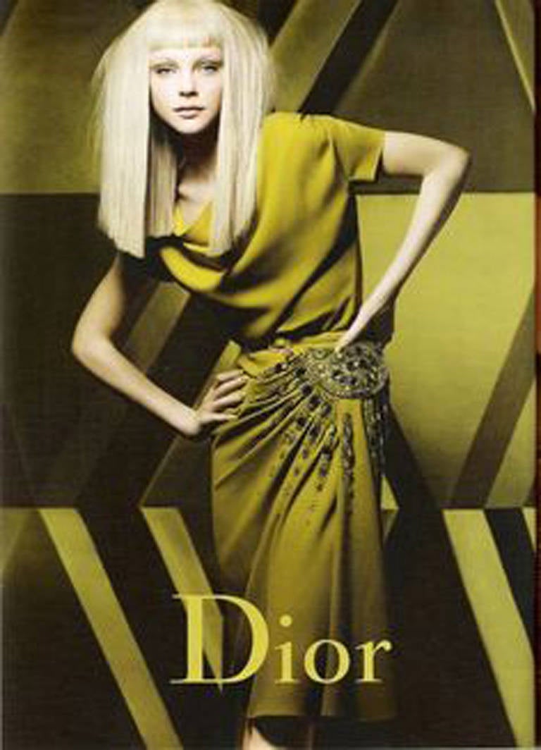 John Galliano for Christian Dior 2007 Fall Winter runway collection and ad campaign dress.  1940's inspired design in chartreuse with jeweled gathered side. Dress comes with silk camisole and matching jeweled belt. Excellent condition. Tagged size