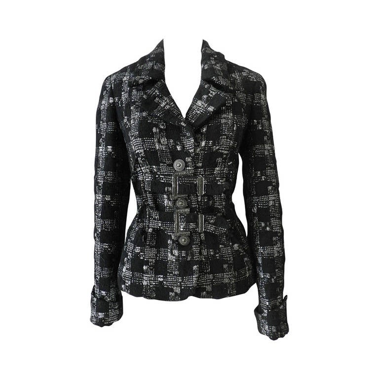 Chanel Black / Silver Metallic Tweed Jacket with Buckles