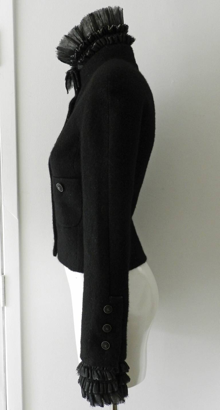 Chanel 2013 Black Cashmere Jacket with Ruffle Trim In New Condition In Toronto, ON