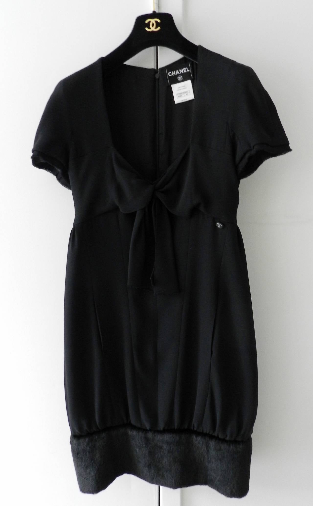 Women's Chanel 10A Runway Black Silk Dress with Faux Fur Hem