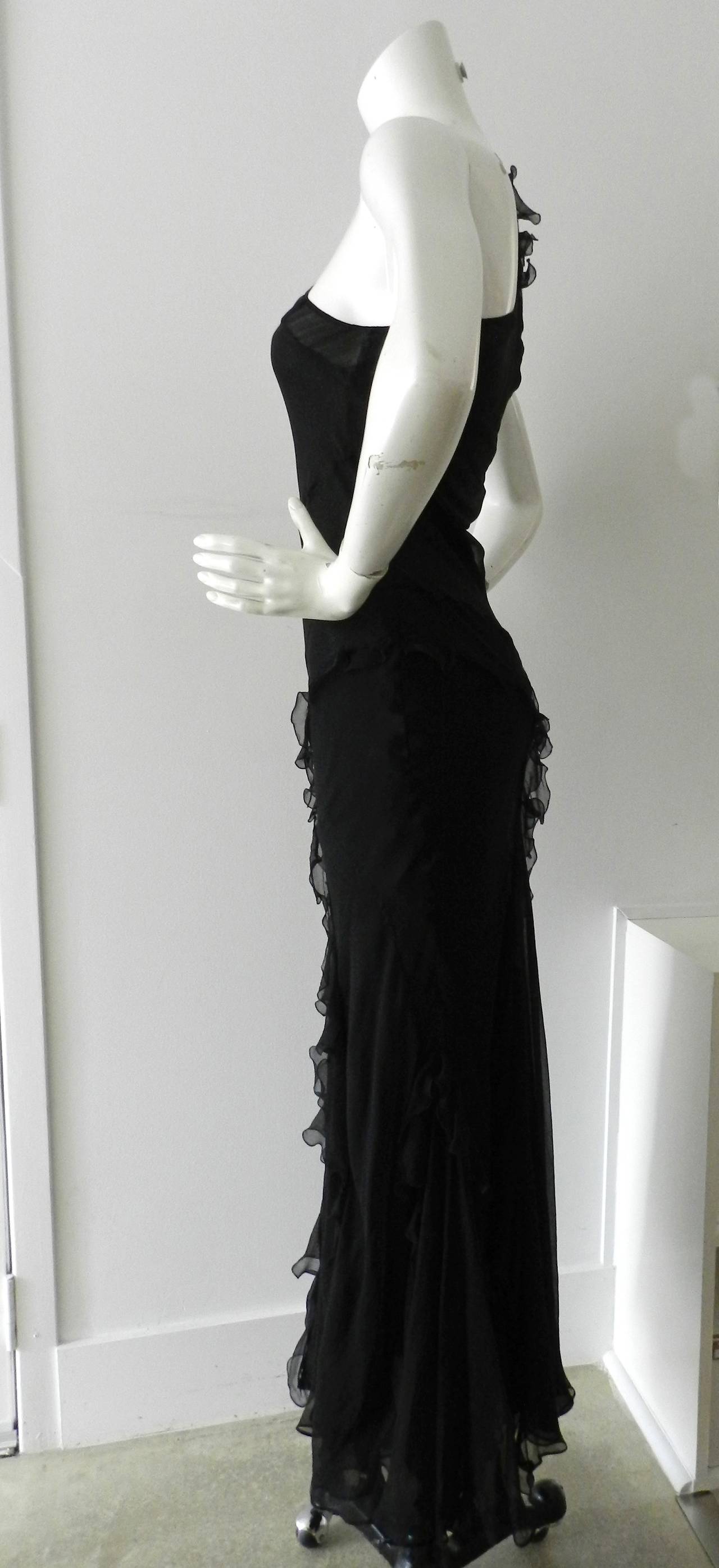John Galliano for Christian Dior black silk chiffon gown. 1930's style design. Tagged size FR 36 (USA 4). Dress is cut on the bias so measurements have some give but a USA 4 is sized at 33