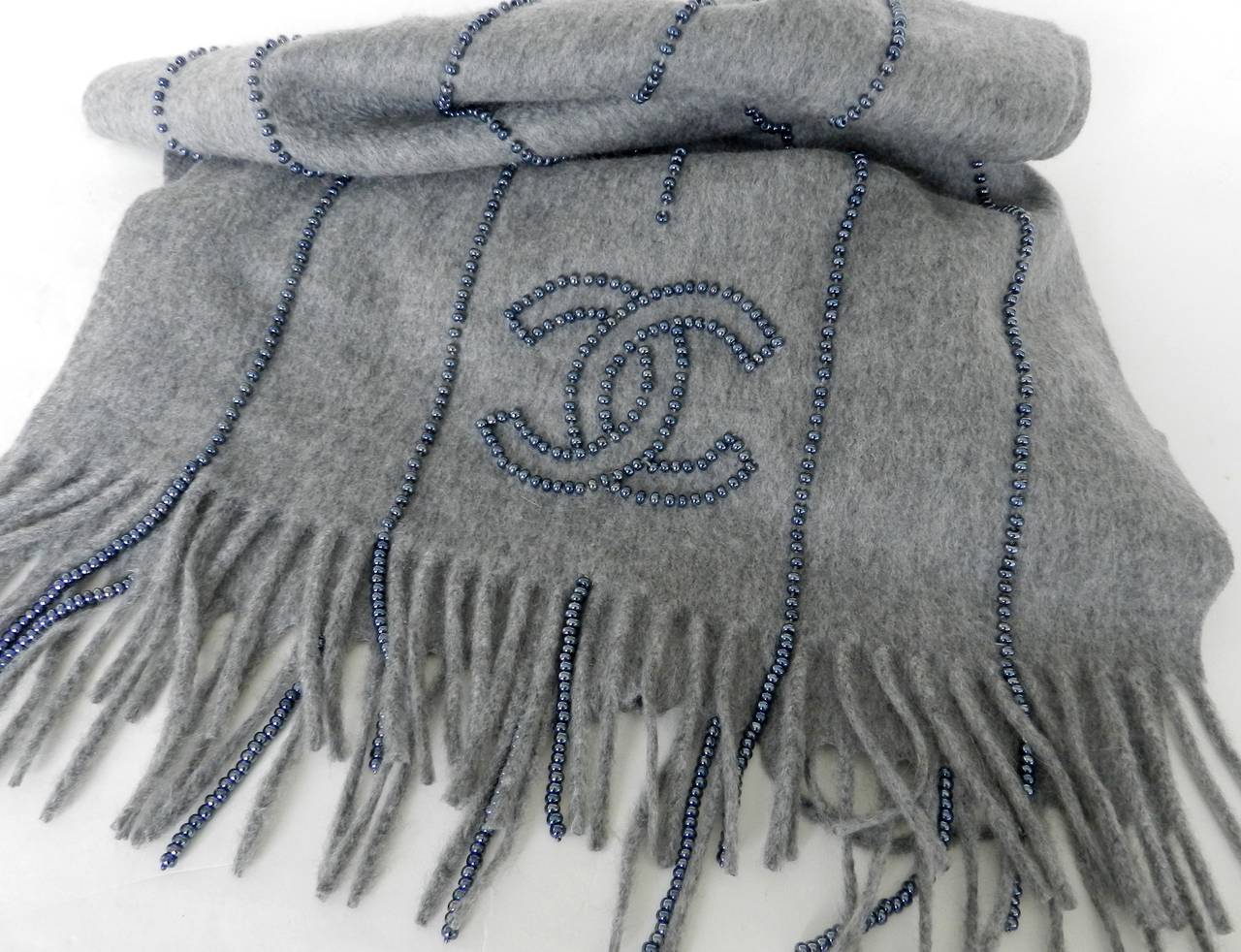 Chanel Dove Grey Cashmere Scarf with Beaded Detail In Excellent Condition In Toronto, ON