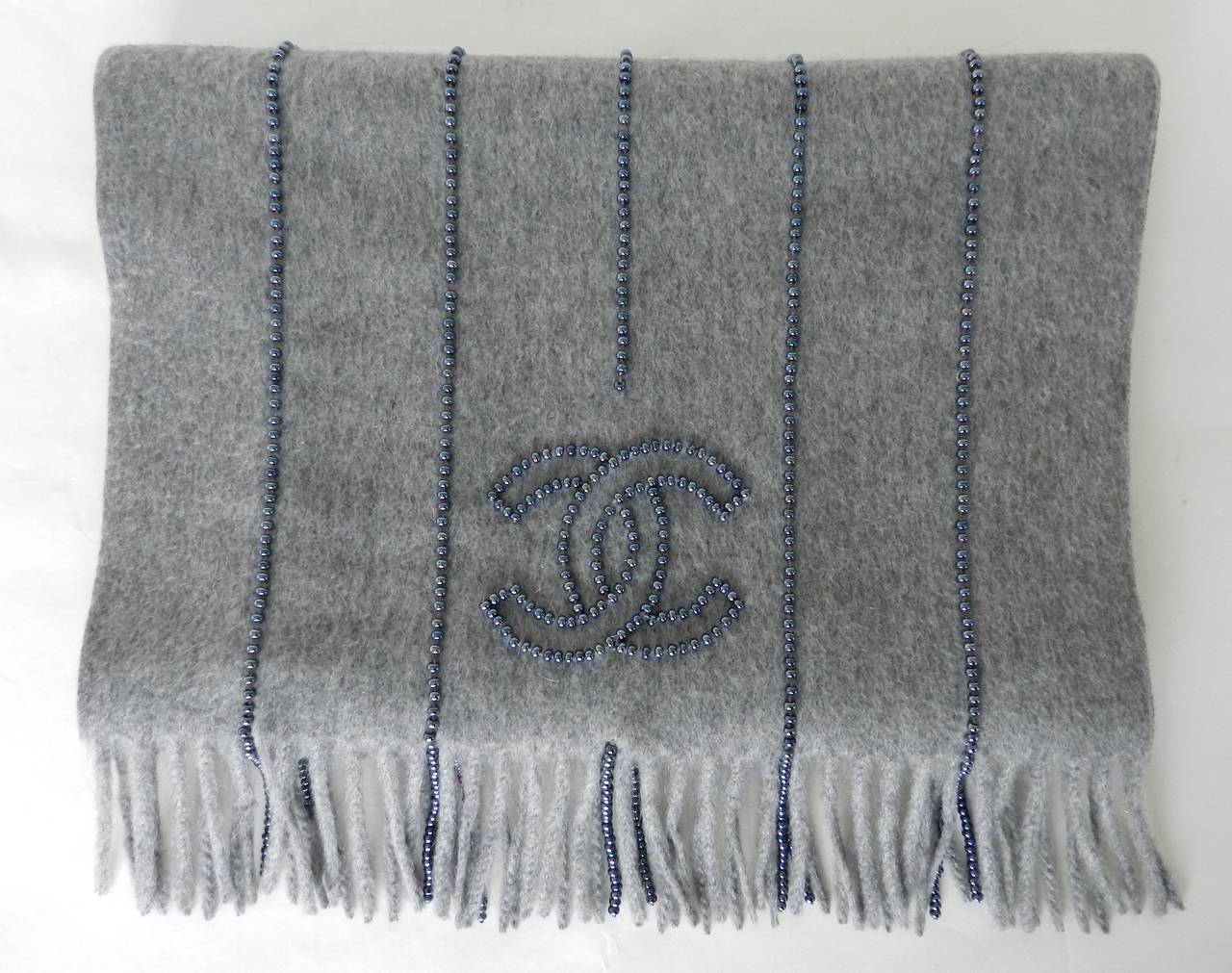 Women's Chanel Dove Grey Cashmere Scarf with Beaded Detail
