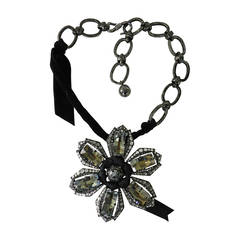 Lanvin Grey Crystal Flower Necklace with Ribbon in Box