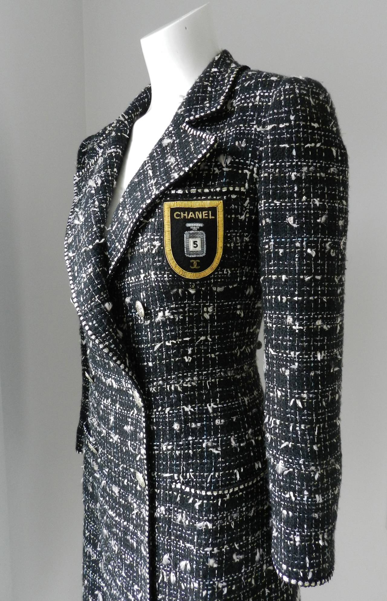 Chanel 05C Long Tweed Jacket Coat with Emblem In Excellent Condition In Toronto, ON