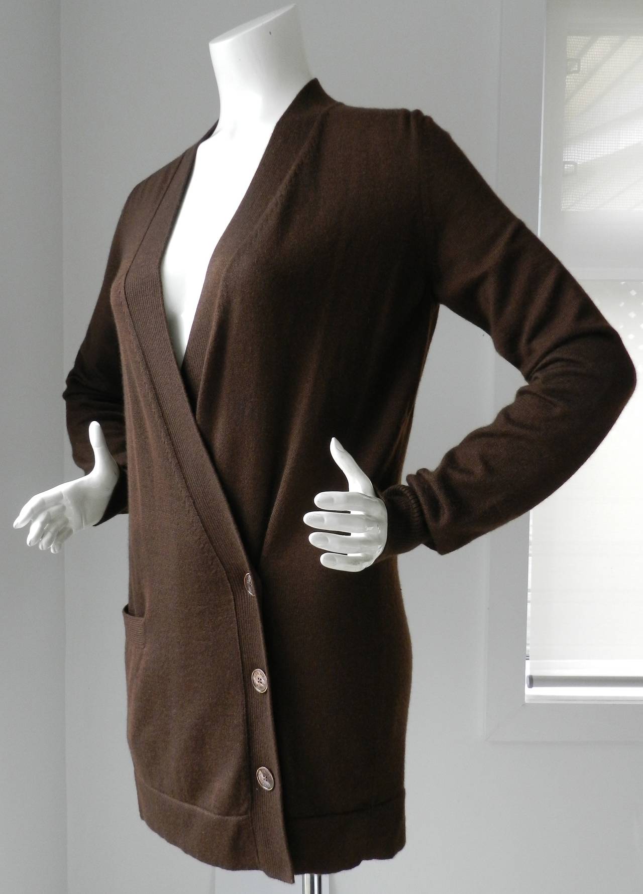 Hermes brown cashmere cardigan sweater. Excellent condition. Tagged size FR 38 (will fit USA 6/8). Garment measures 38