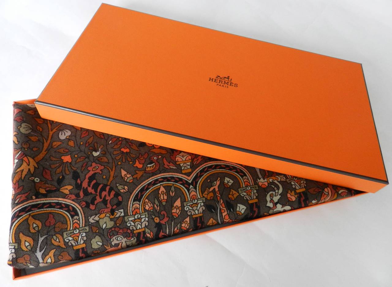 Hermes large brown and orange tones cashmere shawl scarf in box. 52 x 52