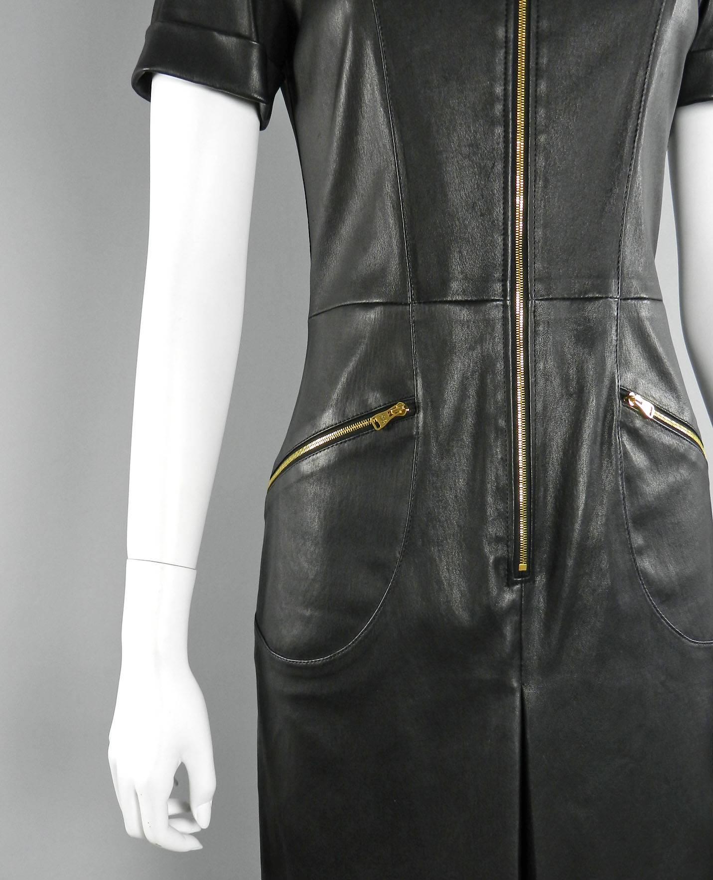 Louis Vuitton Black Stretch Leather Dress with Gold Zippers In Excellent Condition In Toronto, ON