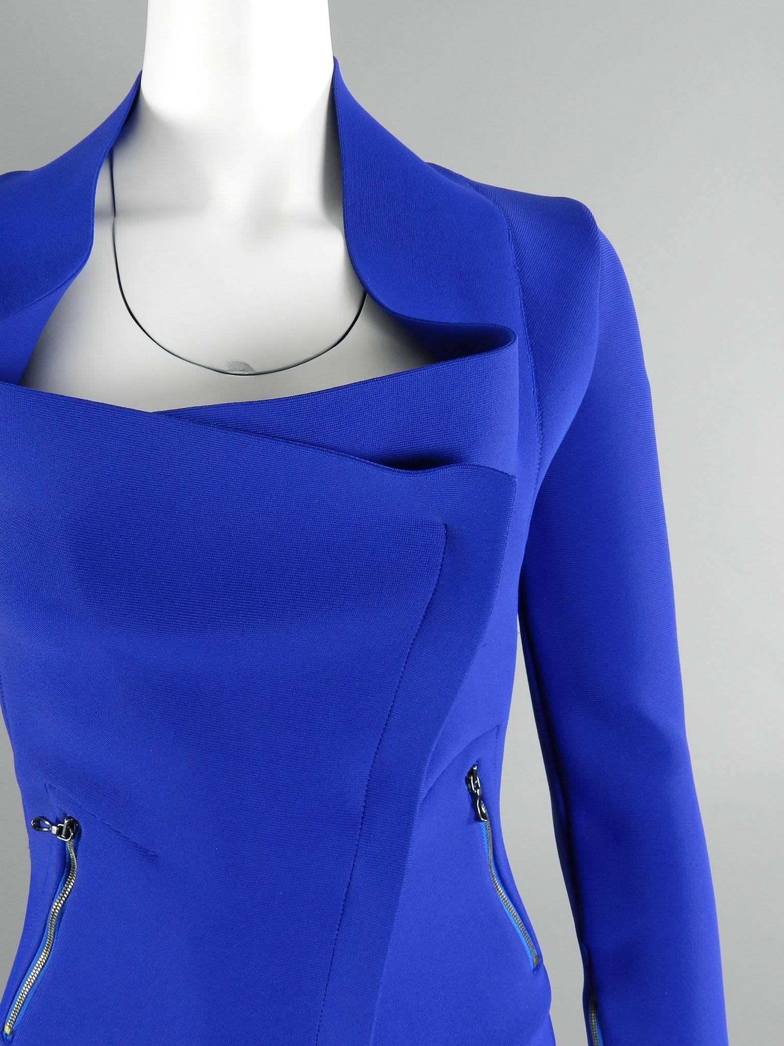Roland Mouret Blue Solar Stretch Bandage Jacket In Excellent Condition In Toronto, ON