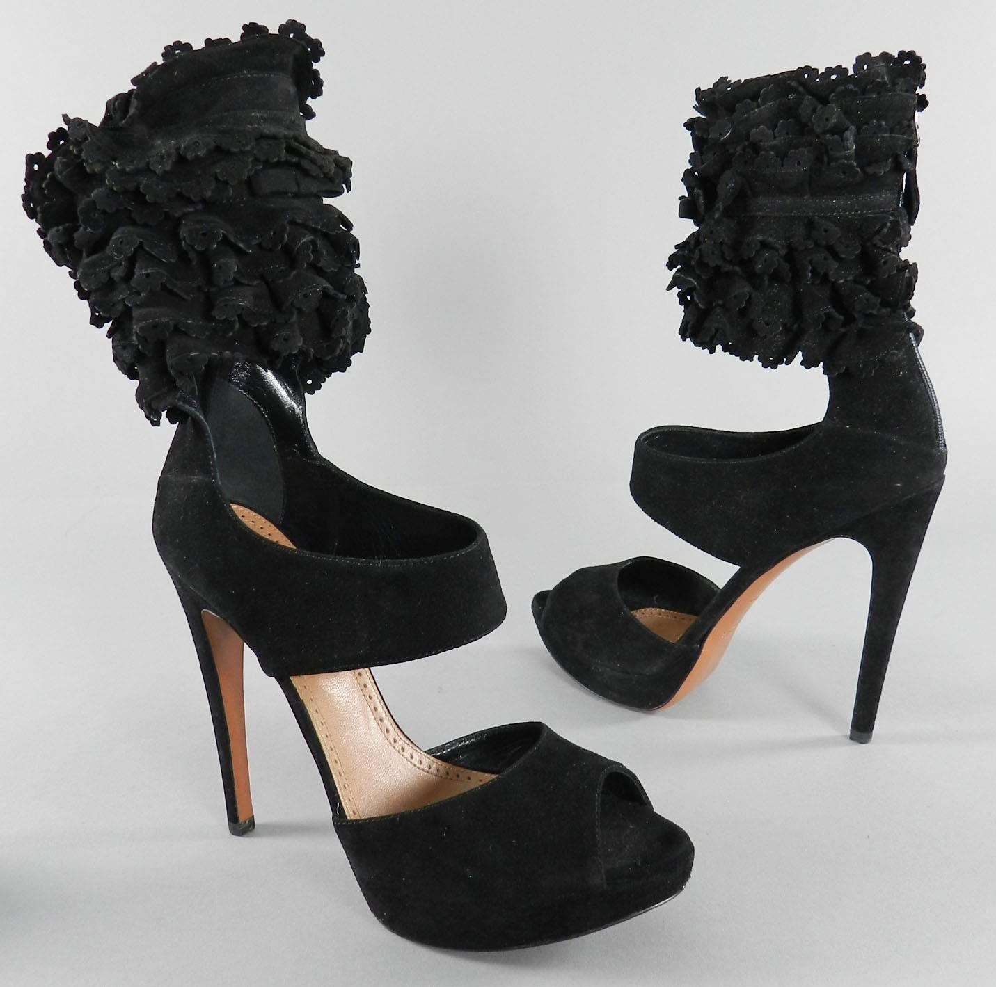 Alaia Black Suede Ruffle Ankle Heels - size 41 3