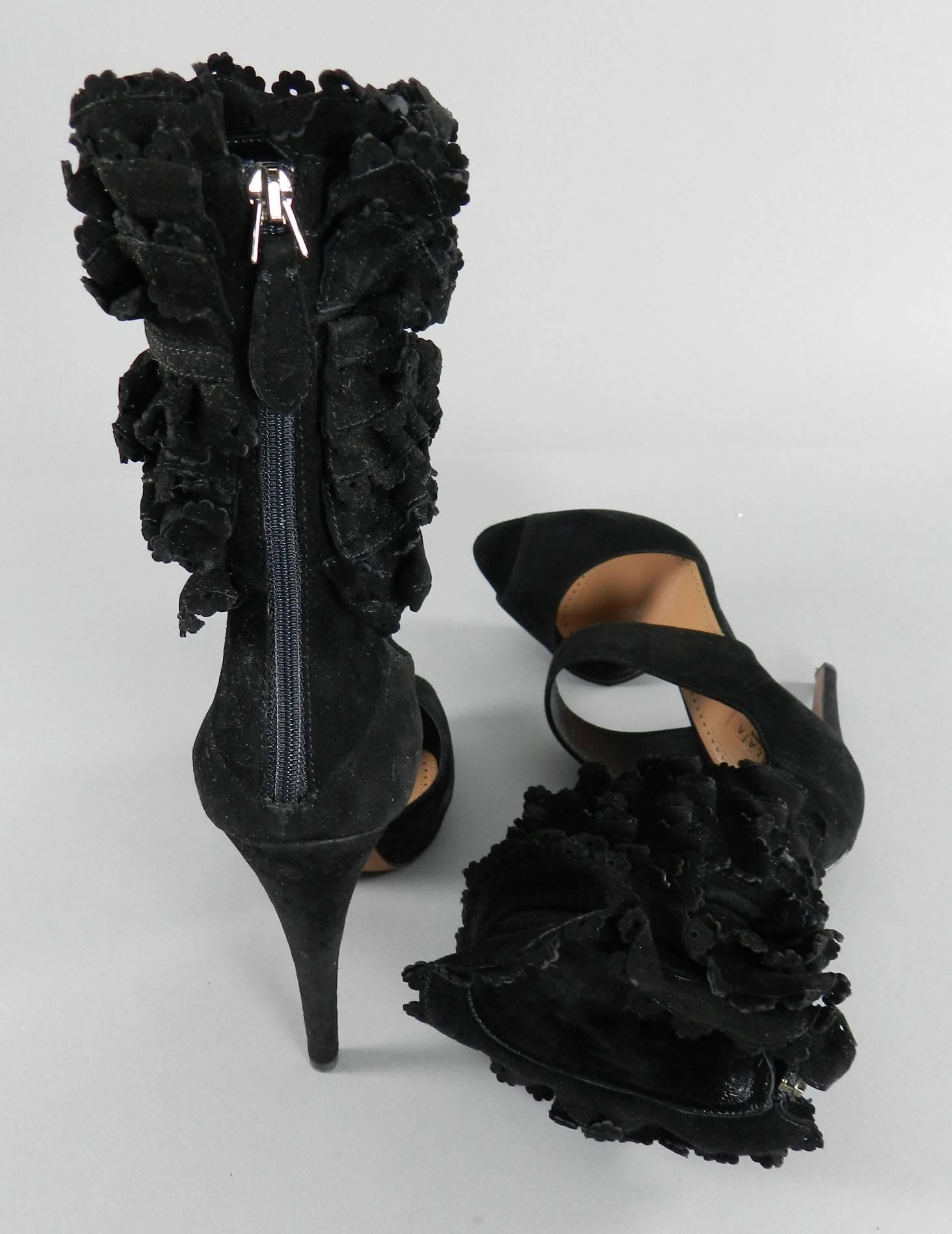Women's Alaia Black Suede Ruffle Ankle Heels - size 41