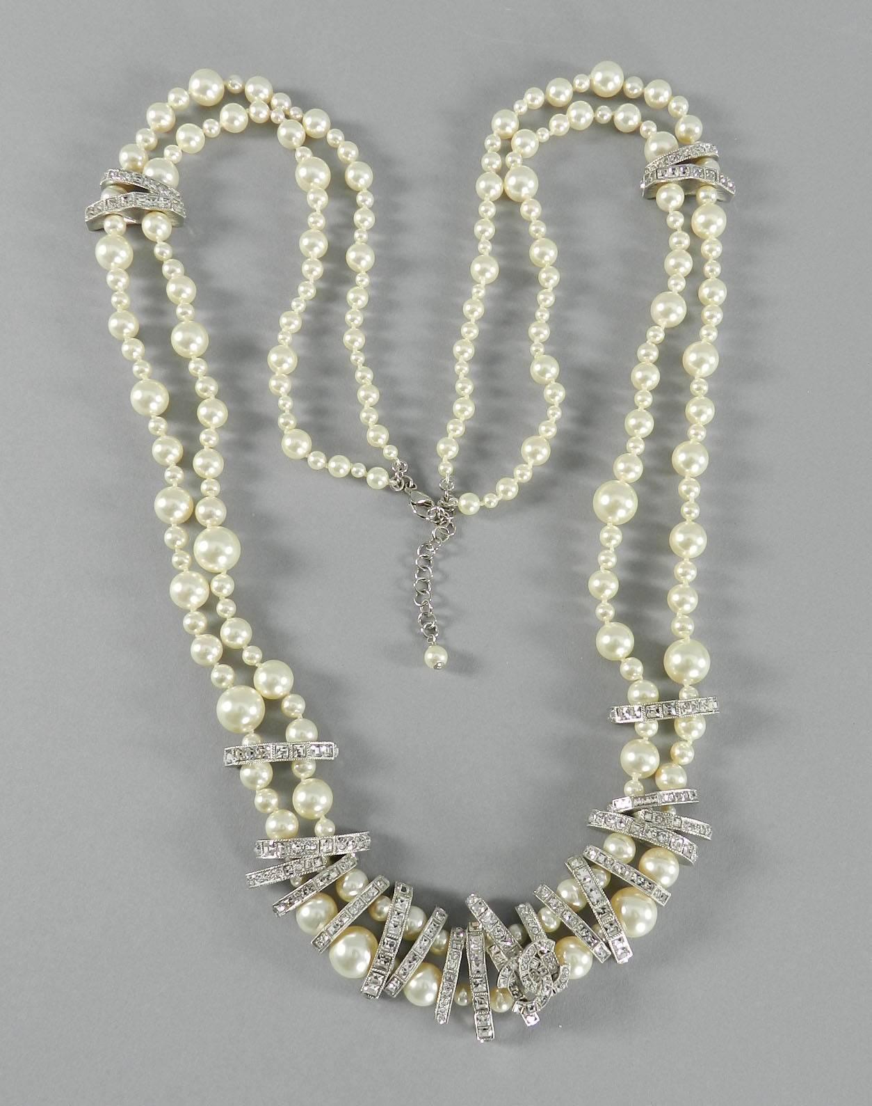 Chanel 15P Long Double Strand Pearl Necklace with Rhinestones 4