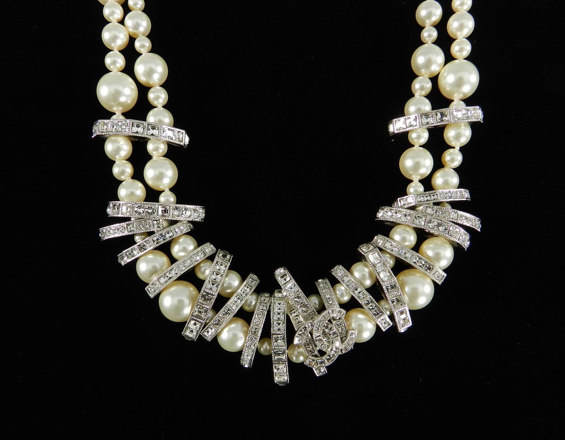 Art Deco Chanel 15P Long Double Strand Pearl Necklace with Rhinestones