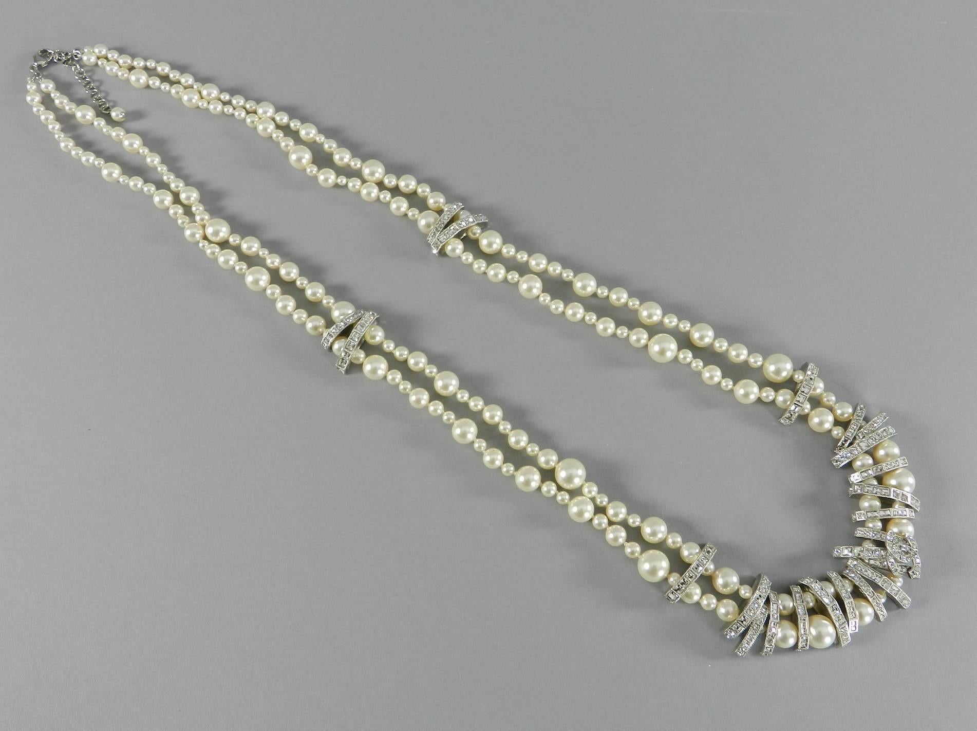 Chanel 15P Long Double Strand Pearl Necklace with Rhinestones In Excellent Condition In Toronto, ON