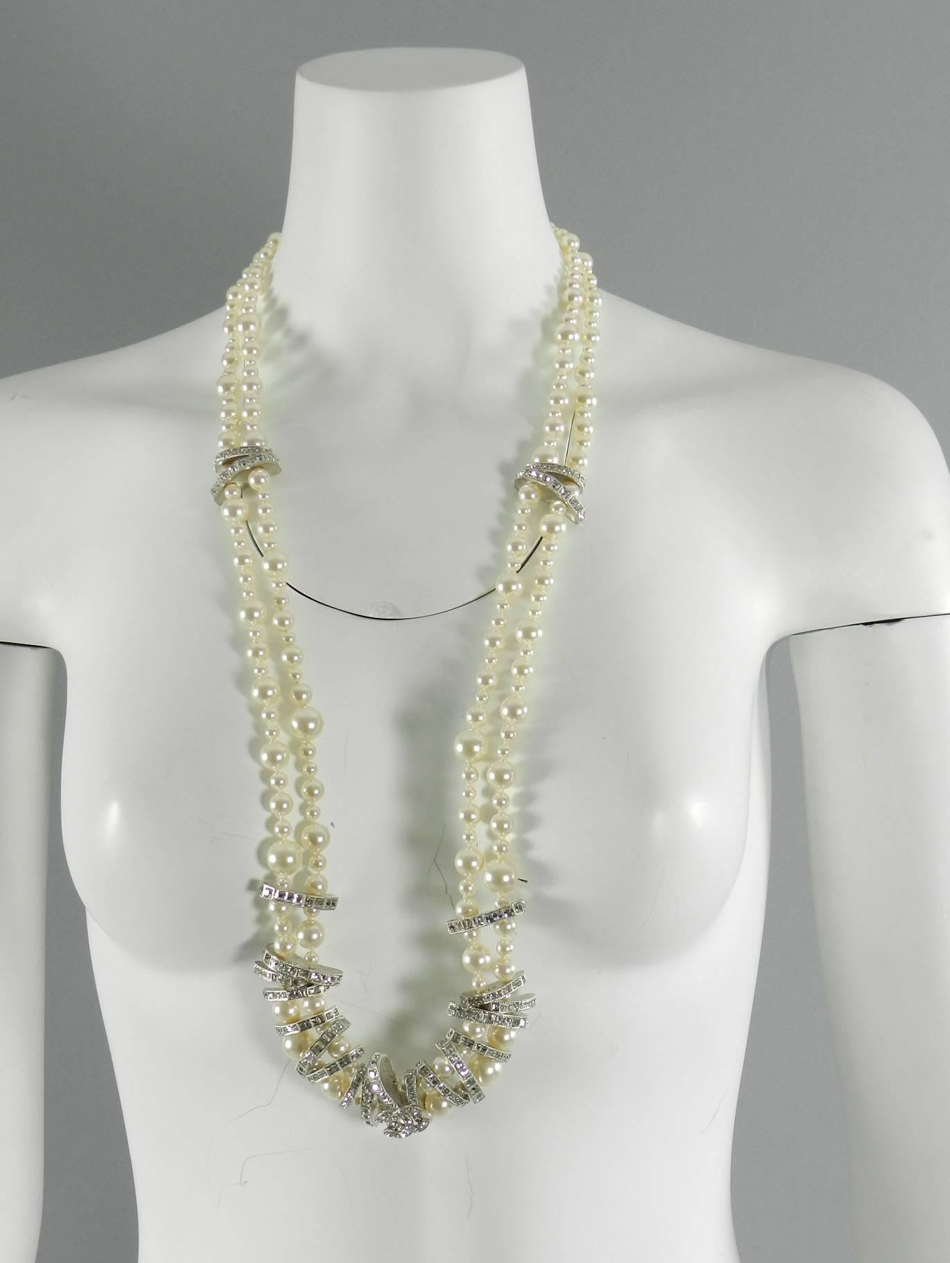 Women's Chanel 15P Long Double Strand Pearl Necklace with Rhinestones