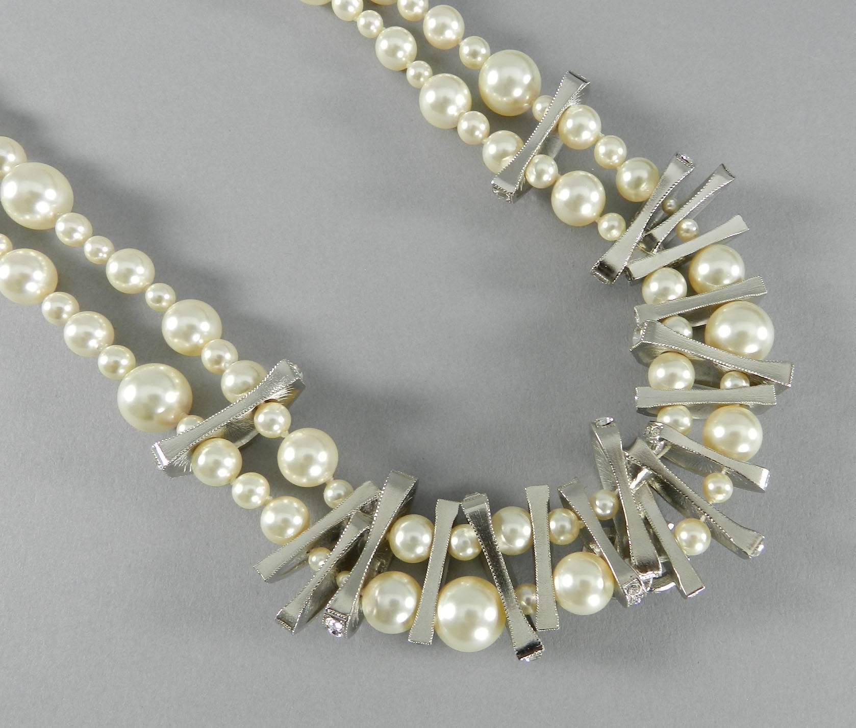 Chanel 15P Long Double Strand Pearl Necklace with Rhinestones 2