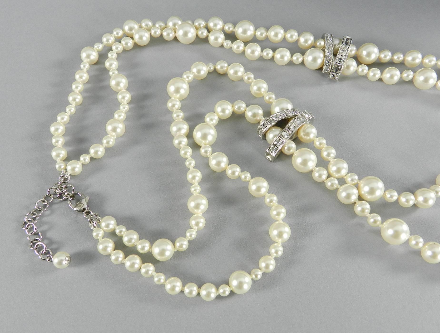 Chanel 15P Long Double Strand Pearl Necklace with Rhinestones 3