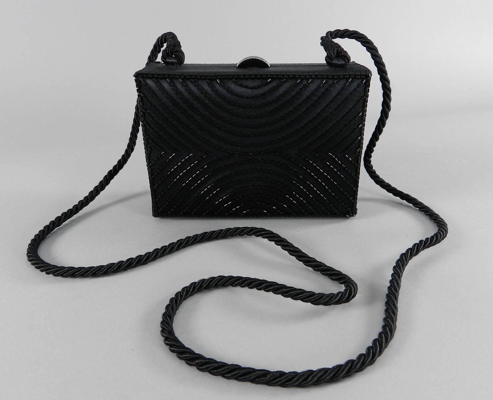 Chanel Vintage 1997 Black Satin Beaded Evening Box Bag 3