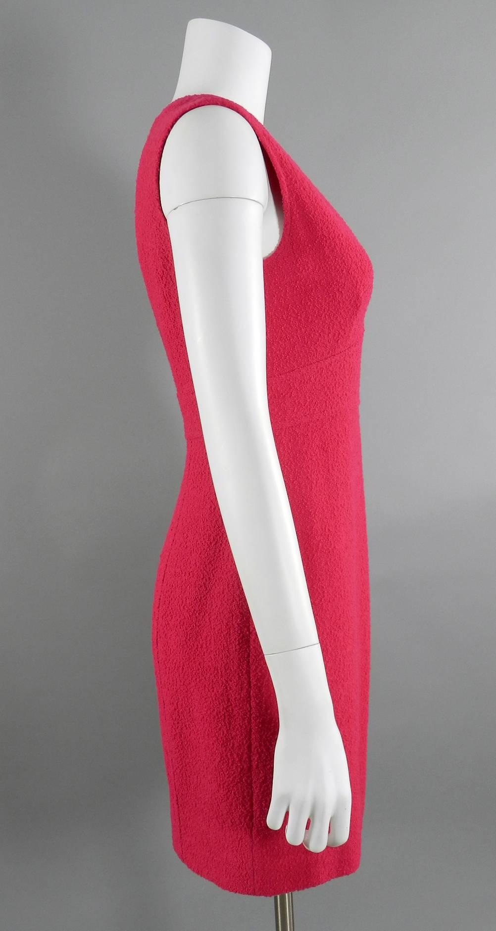 Chanel vintage 1995 fall / winter collection hot cherry pink boucle wool tank dress. Zippers up at centre back and is lined with silk. Excellent pre-owned / vintage condition. Tagged size FR 38 (but runs more like a modern FR 40 or best for USA 8).