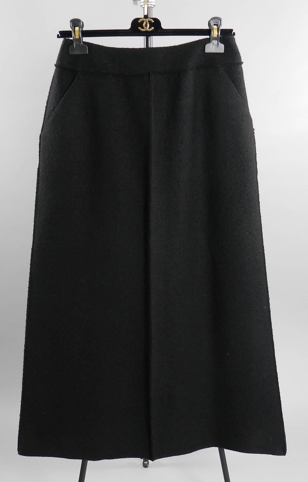 Chanel 99A Black Long Boiled Wool Skirt with Button Down Back In Excellent Condition In Toronto, ON