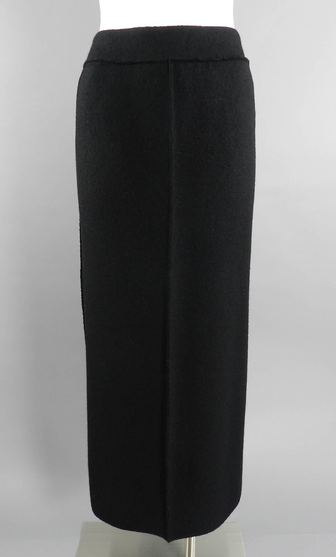 Women's Chanel 99A Black Long Boiled Wool Skirt with Button Down Back