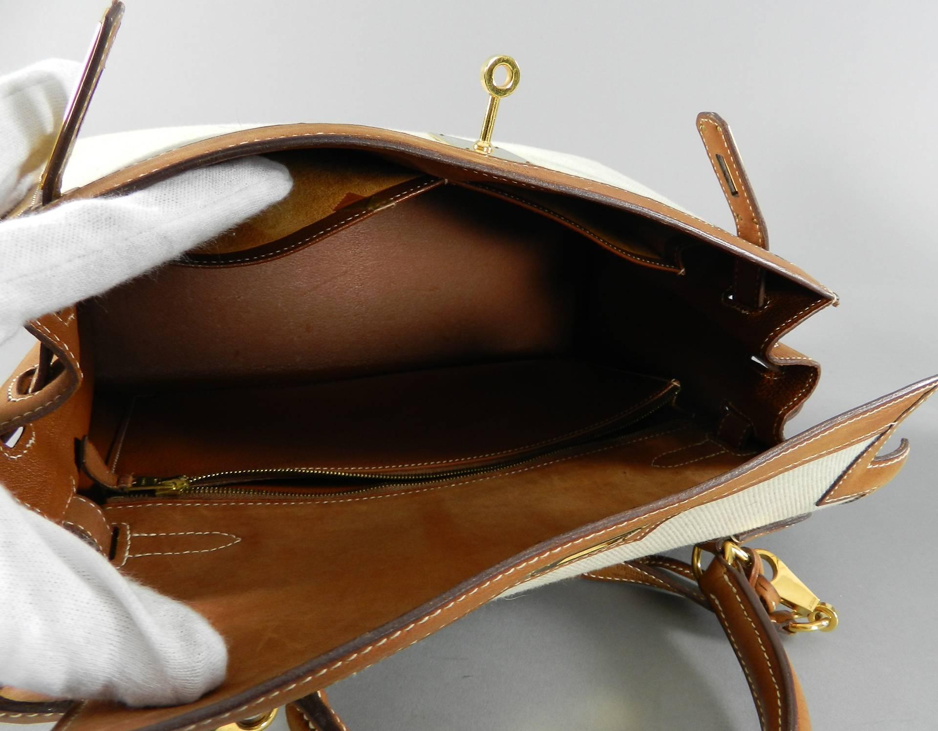 Women's Hermes Kelly 32cm Sellier Barenia Natural and Toile Bi-Color Bag