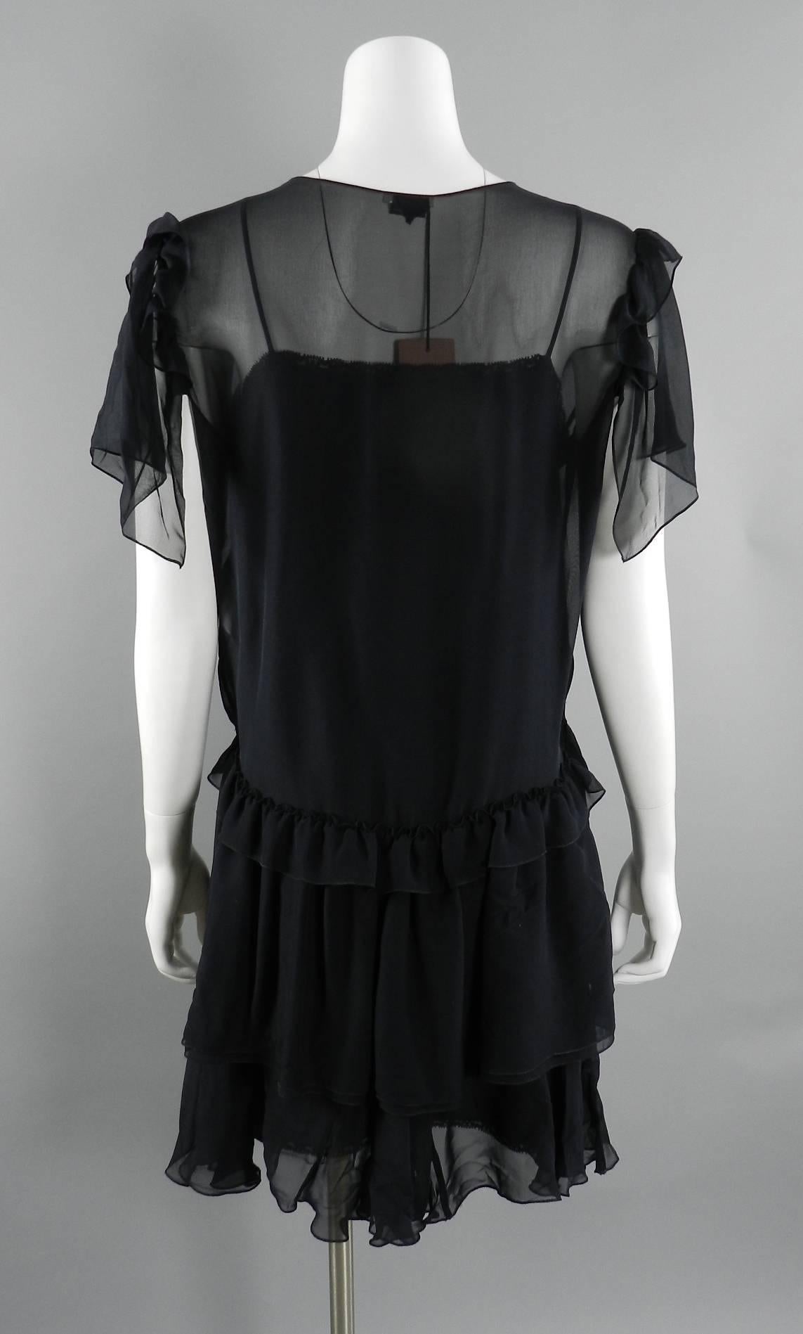 Miu Miu Black Sheer Silk 1920's style Ruffle Slip Dress In New Condition In Toronto, ON