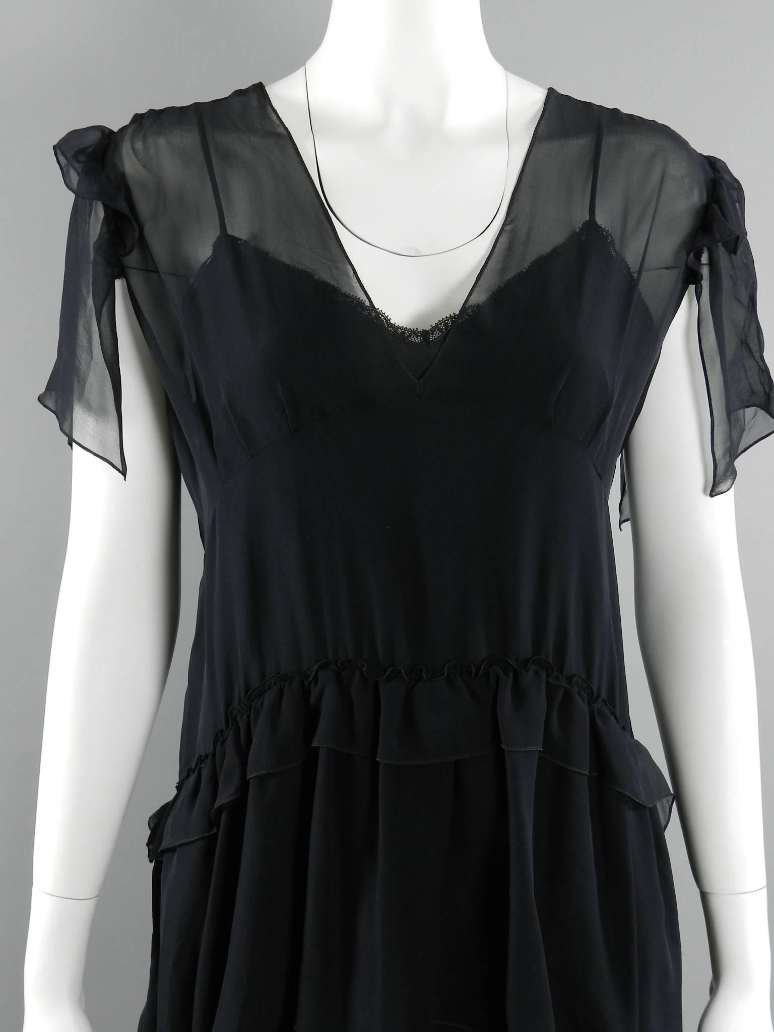 Women's Miu Miu Black Sheer Silk 1920's style Ruffle Slip Dress