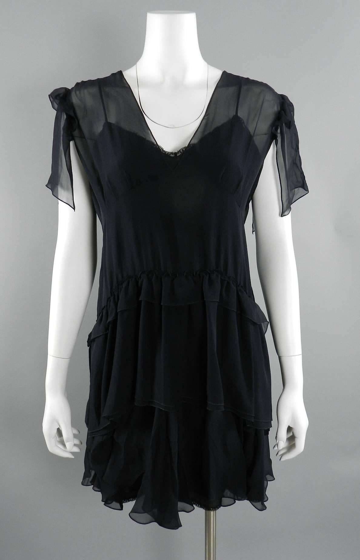 Miu Miu Black Sheer Silk 1920's style Ruffle Slip Dress 4