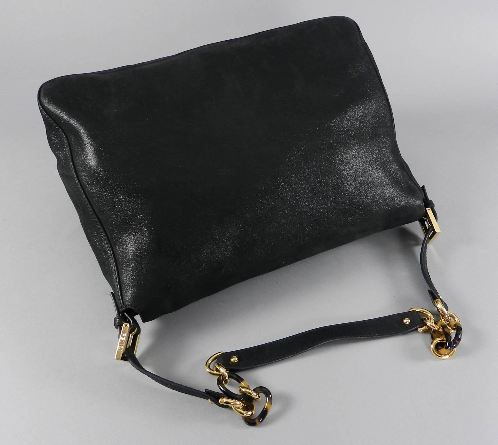 Black Fendi Suede Big Mamma Shoulder Bag with Tortoise and Resin Clasp