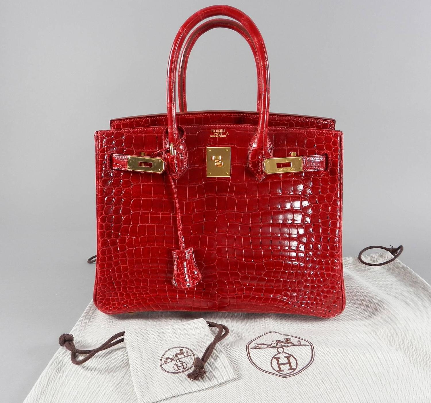 Hermes Bright Red Porosus Crocodile Birkin Bag 30 with Gold Hardware
