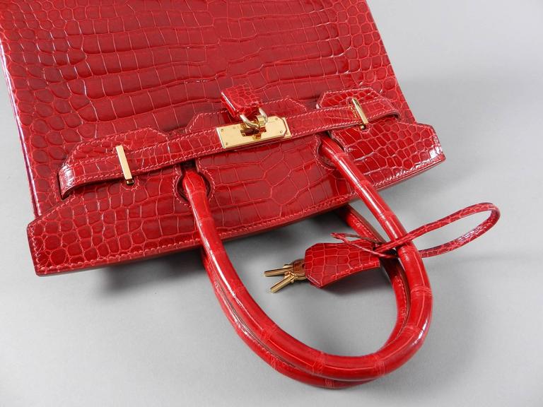 Hermes Bright Red Porosus Crocodile Birkin Bag 30 with Gold Hardware at