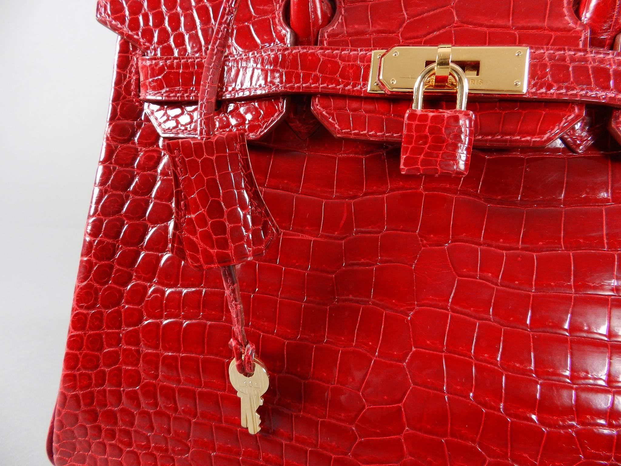 Women's Hermes Bright Red Porosus Crocodile Birkin Bag 30 with Gold Hardware