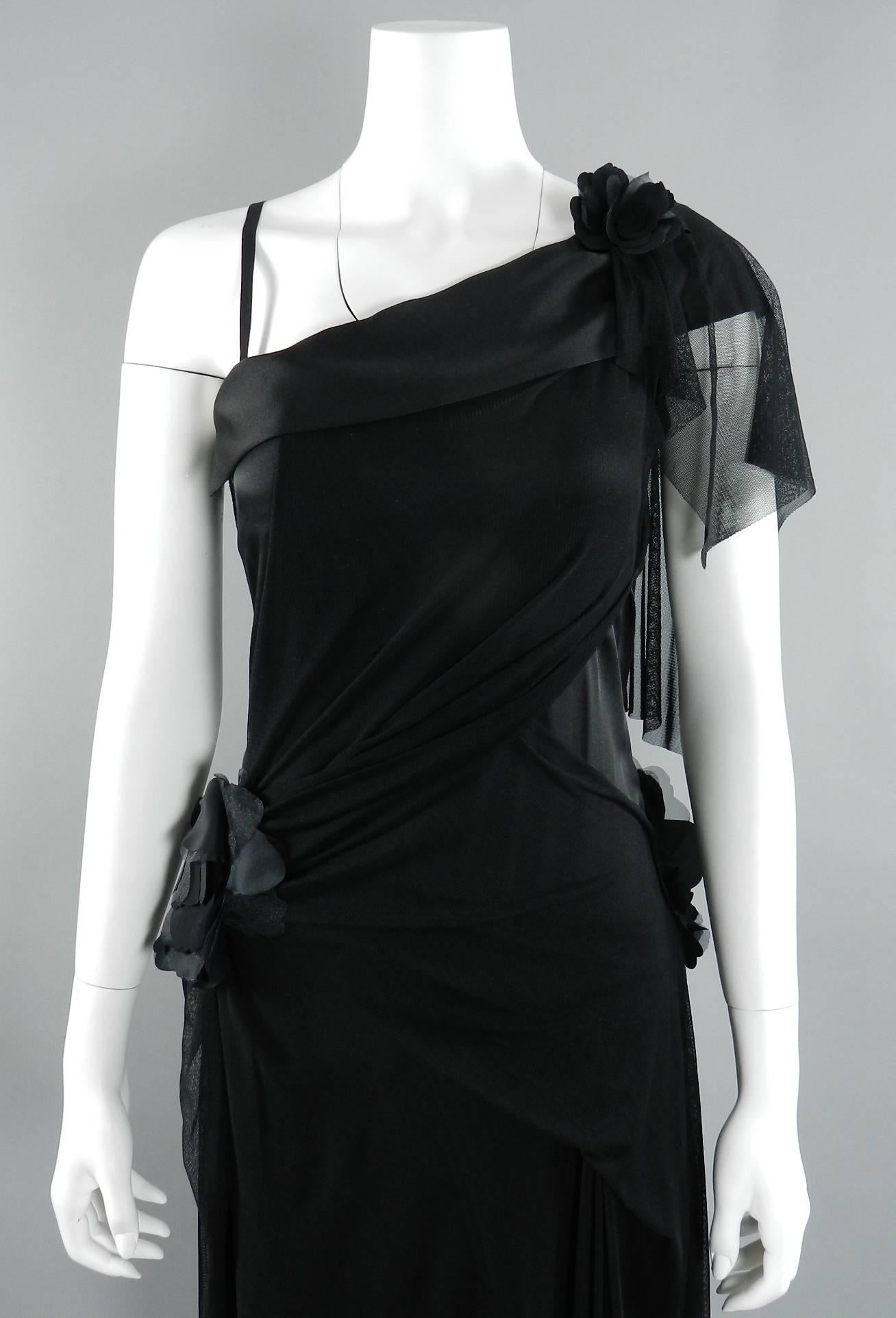 Issey Miyake black silk and mesh dress. 1920's flapper inspired design with flowers. One shoulder, invisible side zipper, layered sheer mesh, straight cut. 100% silk. Tagged Miyake size 3 (USA size 6). To fit 34